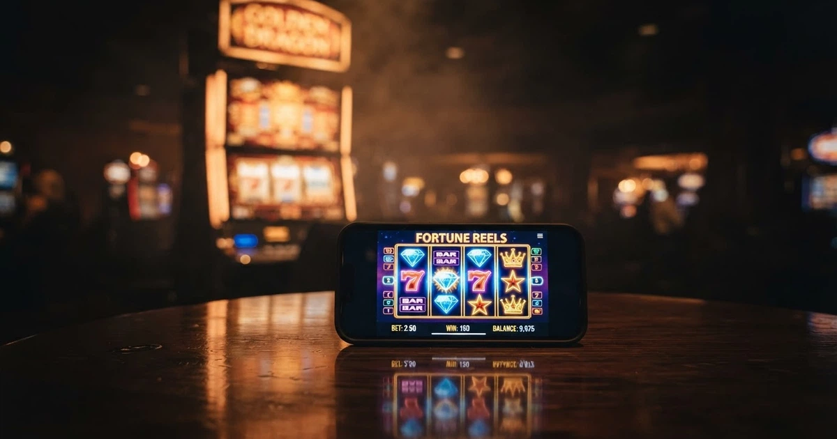 Un joueur consultant une offre de free spins sur l'écran d'un smartphone, une machine à sous colorée en arrière-plan