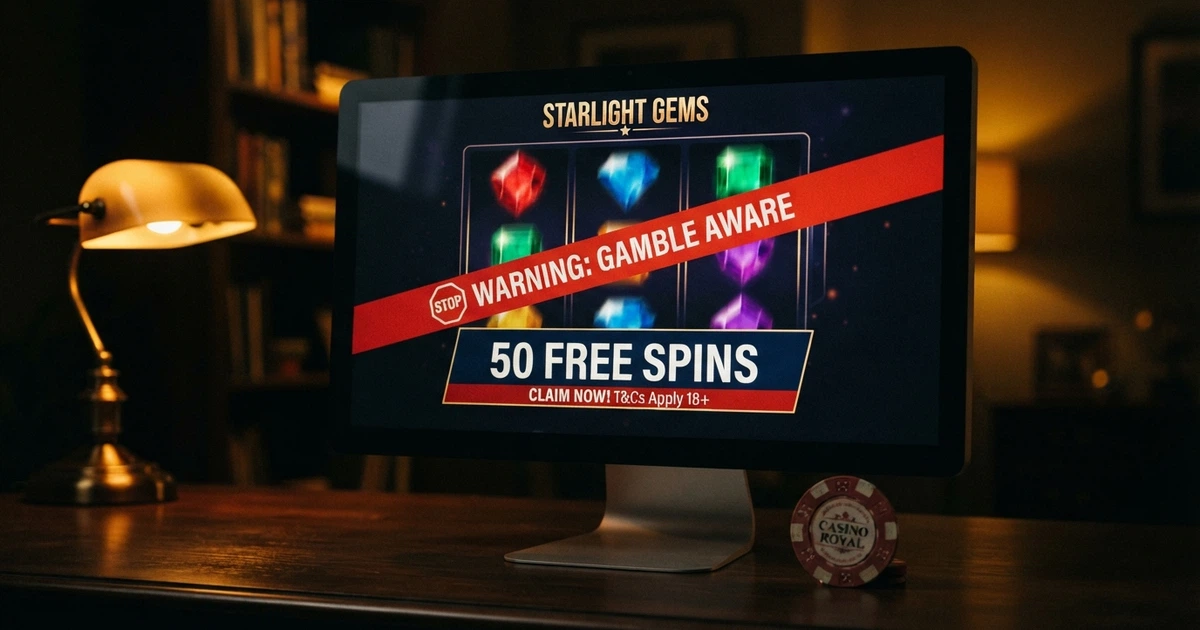 Une machine à sous en ligne affichant une bannière «50 free spins sans dépôt», avec le bandeau d'avertissement «site non agréé ANJ» superposé en surimpression