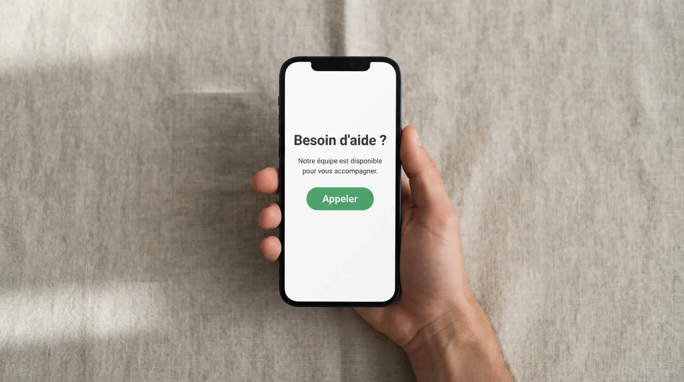 Une main consultant discrètement le site Joueurs Info Service sur l'écran d'un téléphone portable
