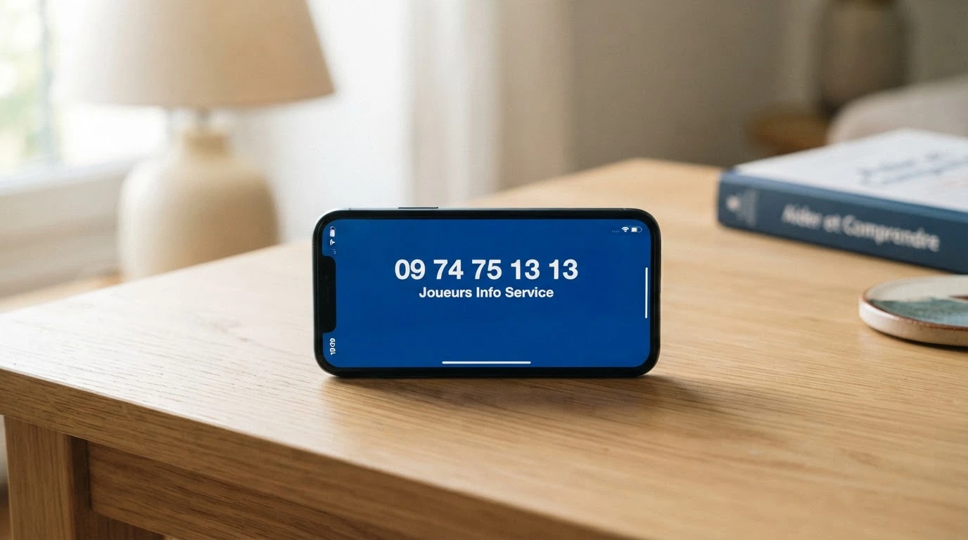 Un téléphone portable affichant le numéro de Joueurs Info Service (09 74 75 13 13) avec un fond représentant une icône d'auto-exclusion.