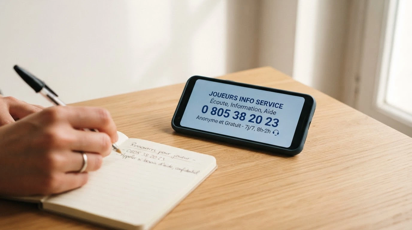 Téléphone portable affichant un numéro d'aide aux joueurs sur fond bleu apaisant, posé à côté d'une main qui écrit