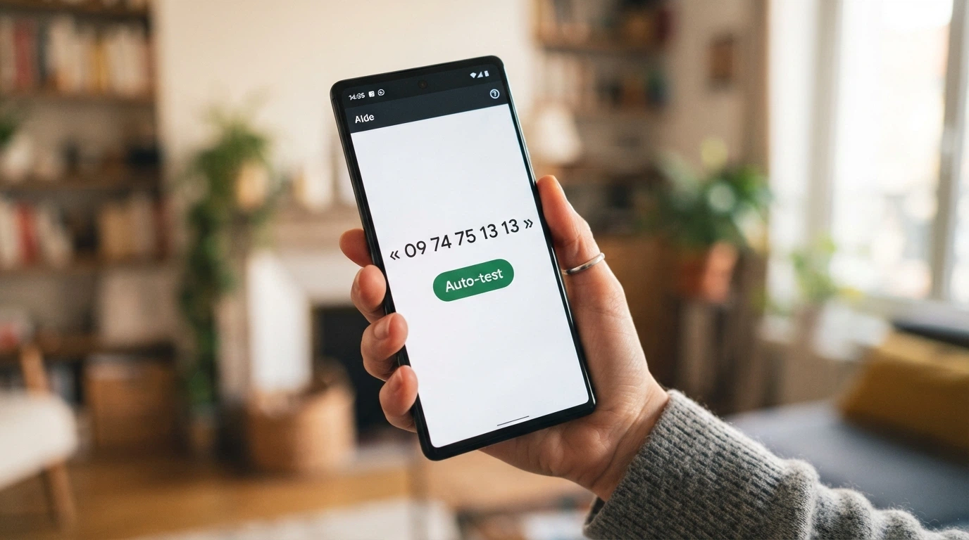 Page d'accueil d'un site d'aide aux joueurs montrant un numéro de téléphone et un bouton d'auto-test