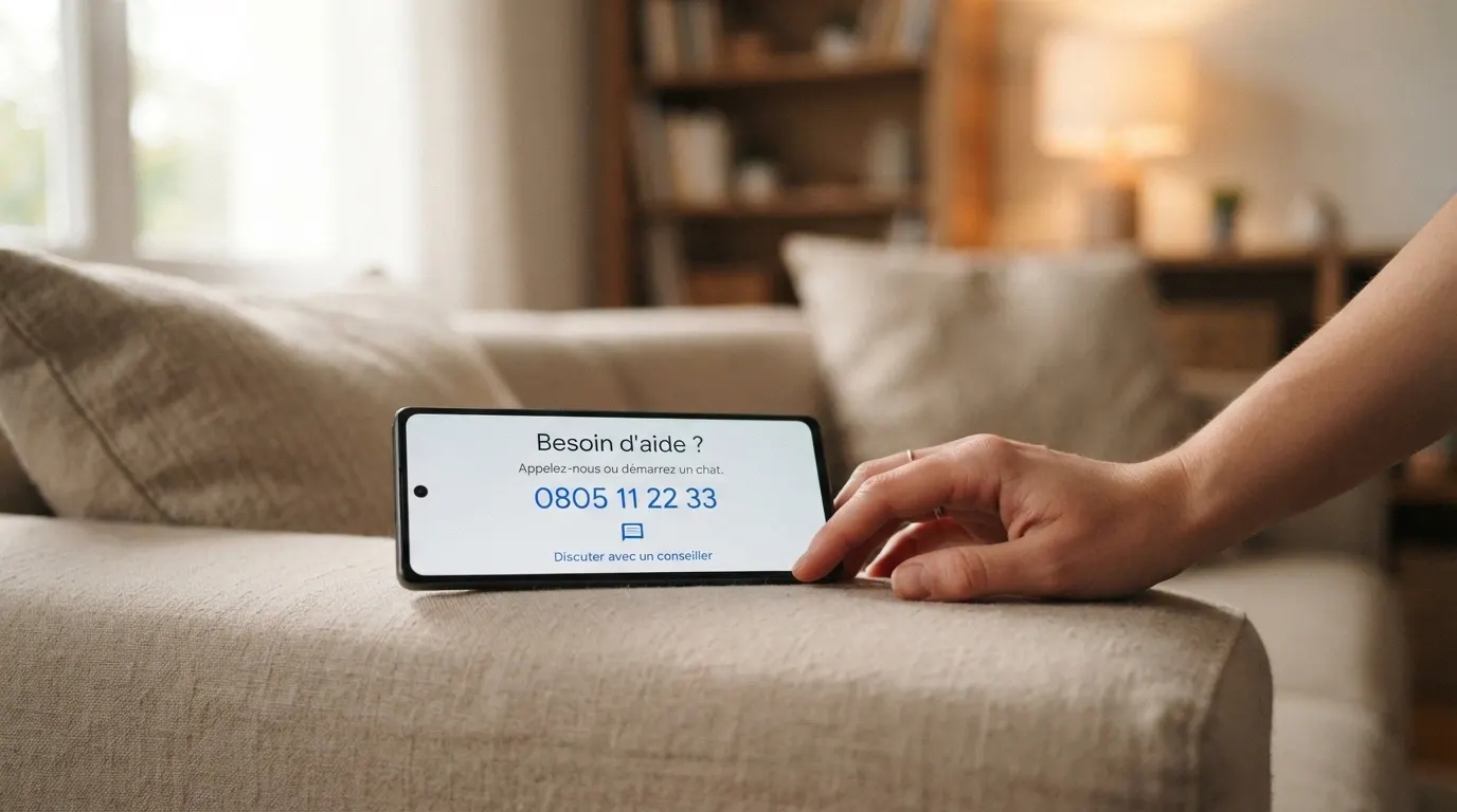 Un écran affichant un numéro d'appel d'aide aux joueurs et le site joueurs-info-service.fr, à côté d'un téléphone