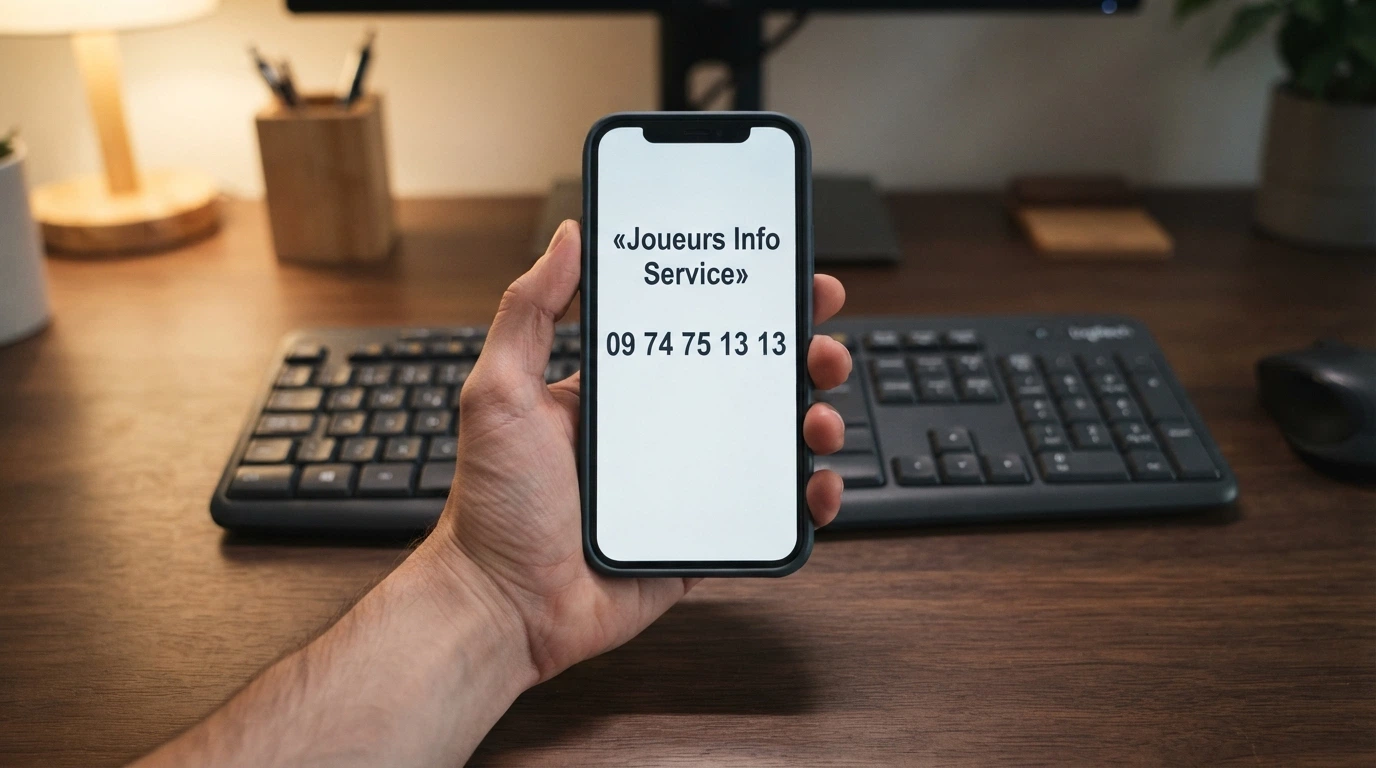 Une main posée sur un téléphone affichant le numéro 09 74 75 13 13 de Joueurs Info Service, avec un clavier d'ordinateur en arrière-plan