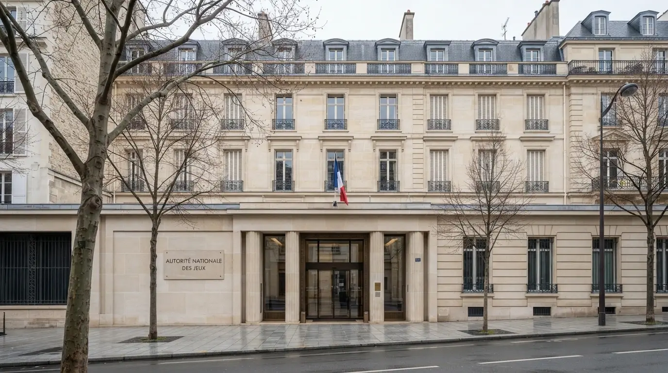 Façade et logo du siège de l'Autorité Nationale des Jeux à Paris