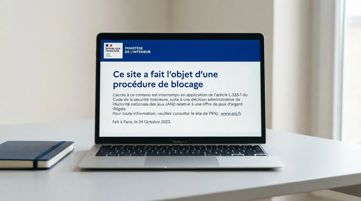 Page du site anj.fr affichant un message de blocage officiel : « Ce site a fait l'objet d'une procédure de blocage ordonnée par l'ANJ » sur fond blanc et bleu