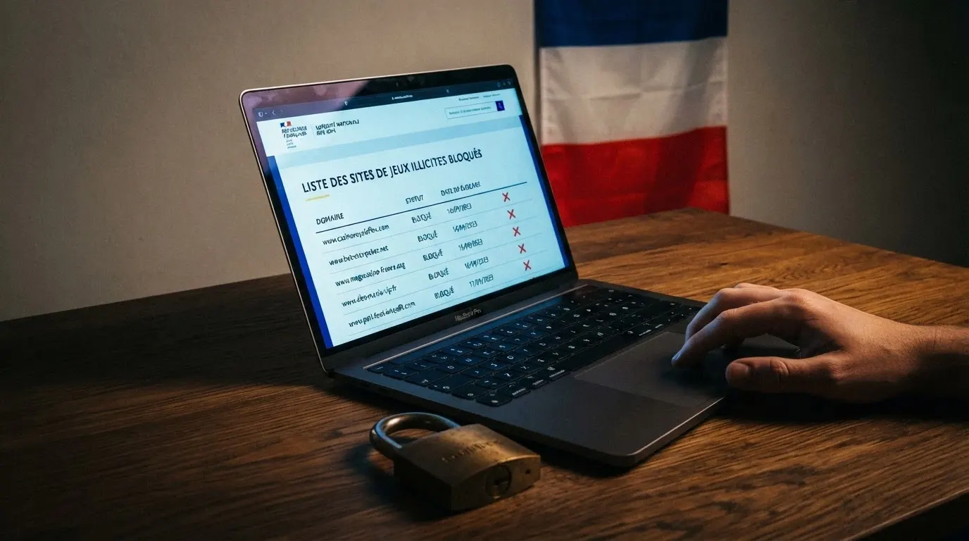 L'écran de l'ANJ affichant la liste noire des sites bloqués, avec le symbole d'un cadenas barré sur fond de drapeau français.