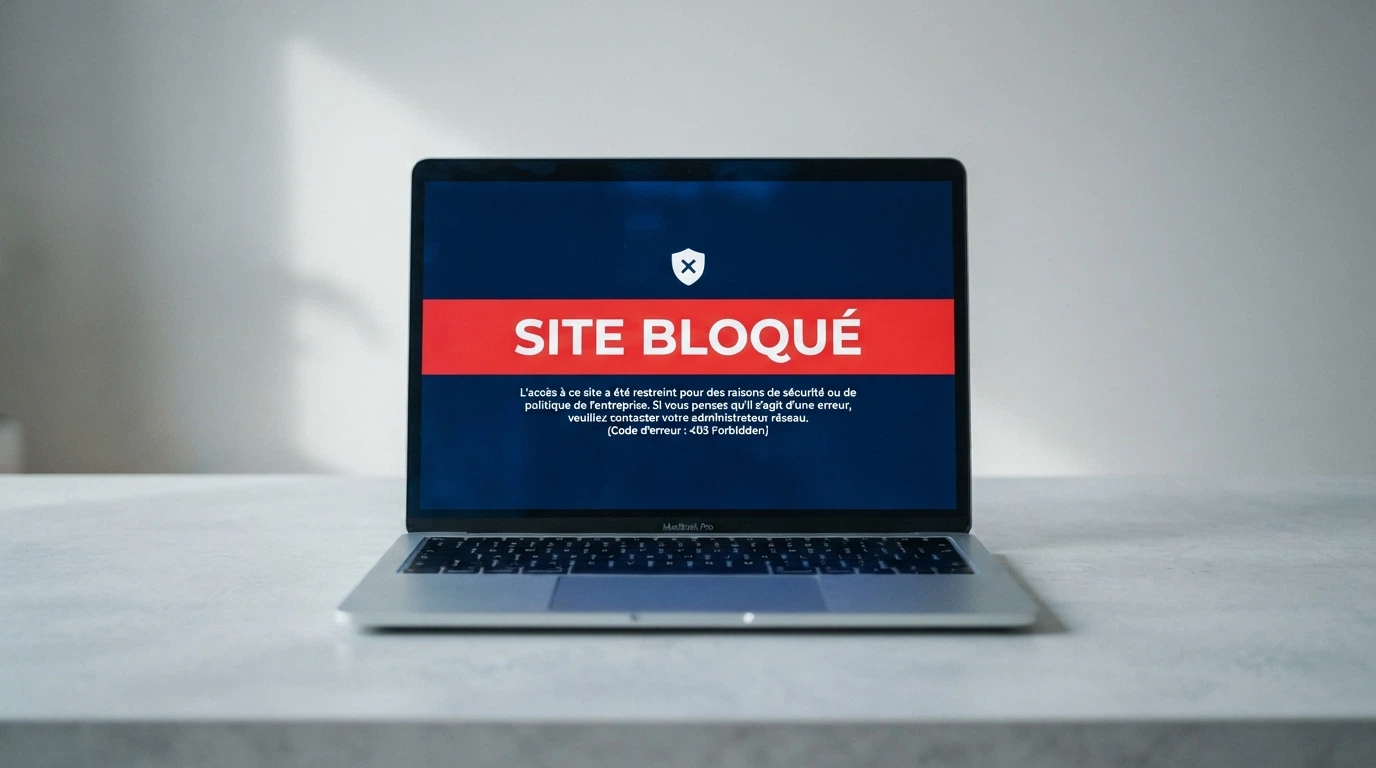 Logo de l'Autorité nationale des jeux sur fond bleu marine, à côté d'un écran affichant la mention « site bloqué » en français