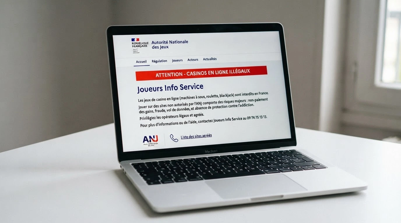 Capture du site anj.fr affichant la mention officielle sur l'illégalité des casinos en ligne en France