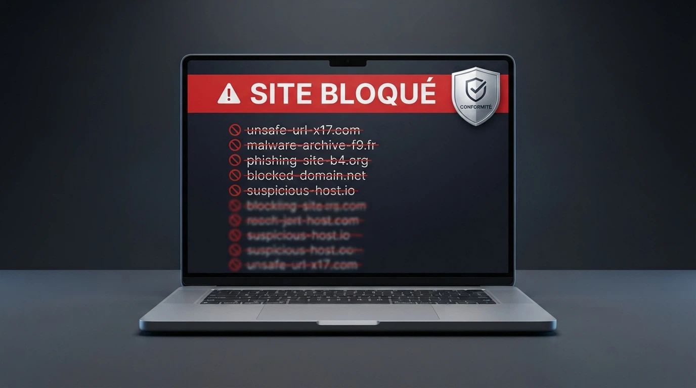 Un écran affichant le logo de l'ANJ et la mention « site bloqué » en rouge, avec une liste de domaines barrés