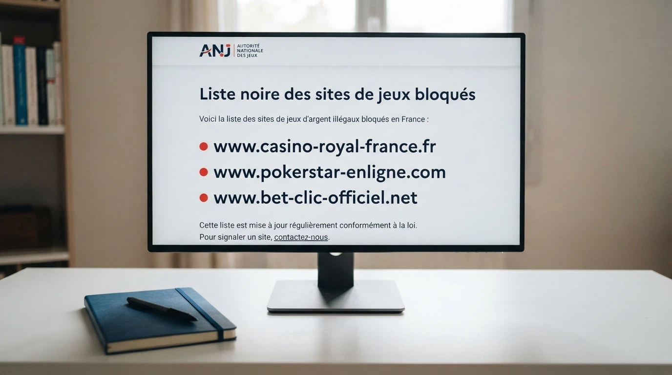 Capture d'écran du site de l'ANJ montrant la page de la liste noire des sites de jeux bloqués et déréférencés en France