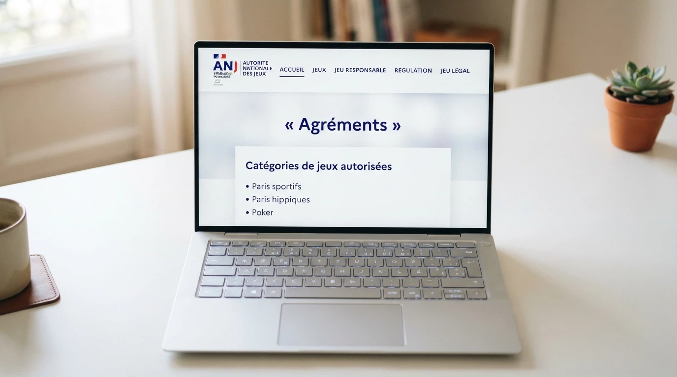 Capture d'écran de la page « Opérateurs agréés » du site anj.fr montrant les catégories de jeux autorisés en France
