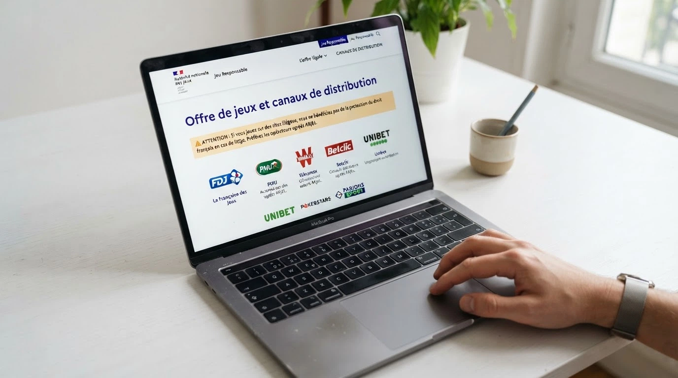 La page d'accueil du site anj.fr affichant la rubrique « Offre de jeux et canaux de distribution » avec le logo officiel de l'Autorité nationale des jeux et le bandeau de mise en garde contre les sites illégaux