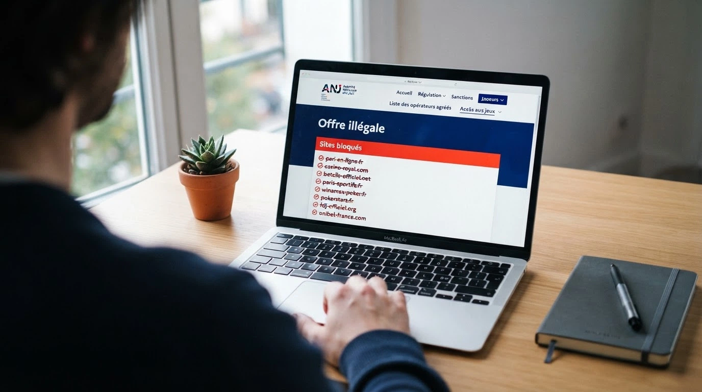 Capture d'écran du site anj.fr montrant la page de l'offre illégale, avec le logo de l'ANJ visible et la mention « sites bloqués » en évidence