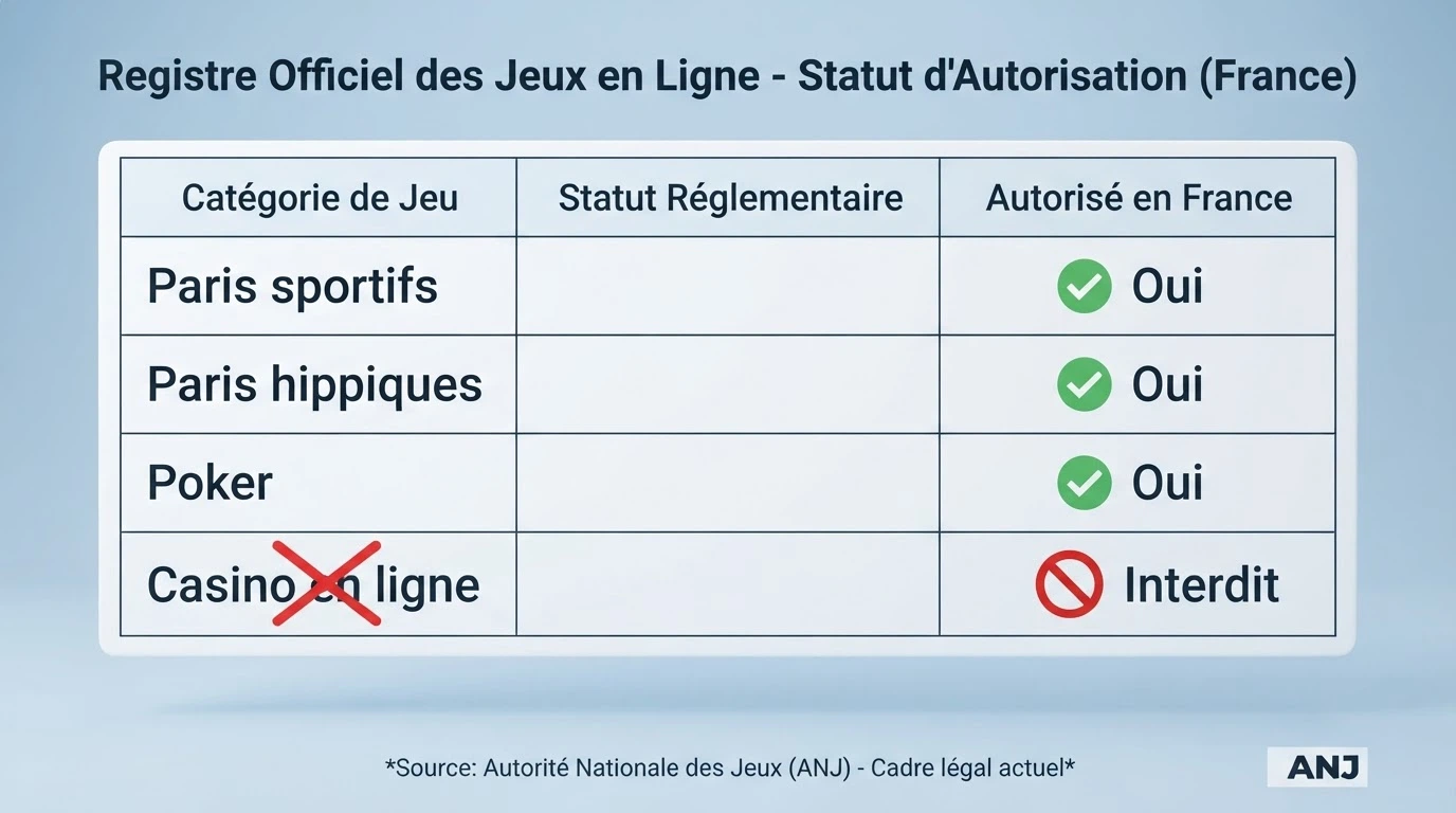 Page du registre des opérateurs agréés sur le site officiel de l'ANJ affichant la liste des titulaires d'un agrément français