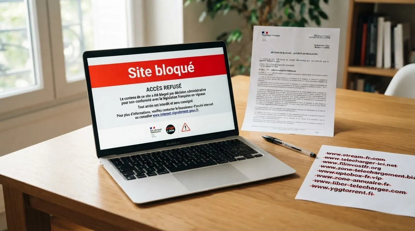Le logo de l'ANJ sur un écran, avec en arrière-plan un texte de loi français et une liste de sites barrés