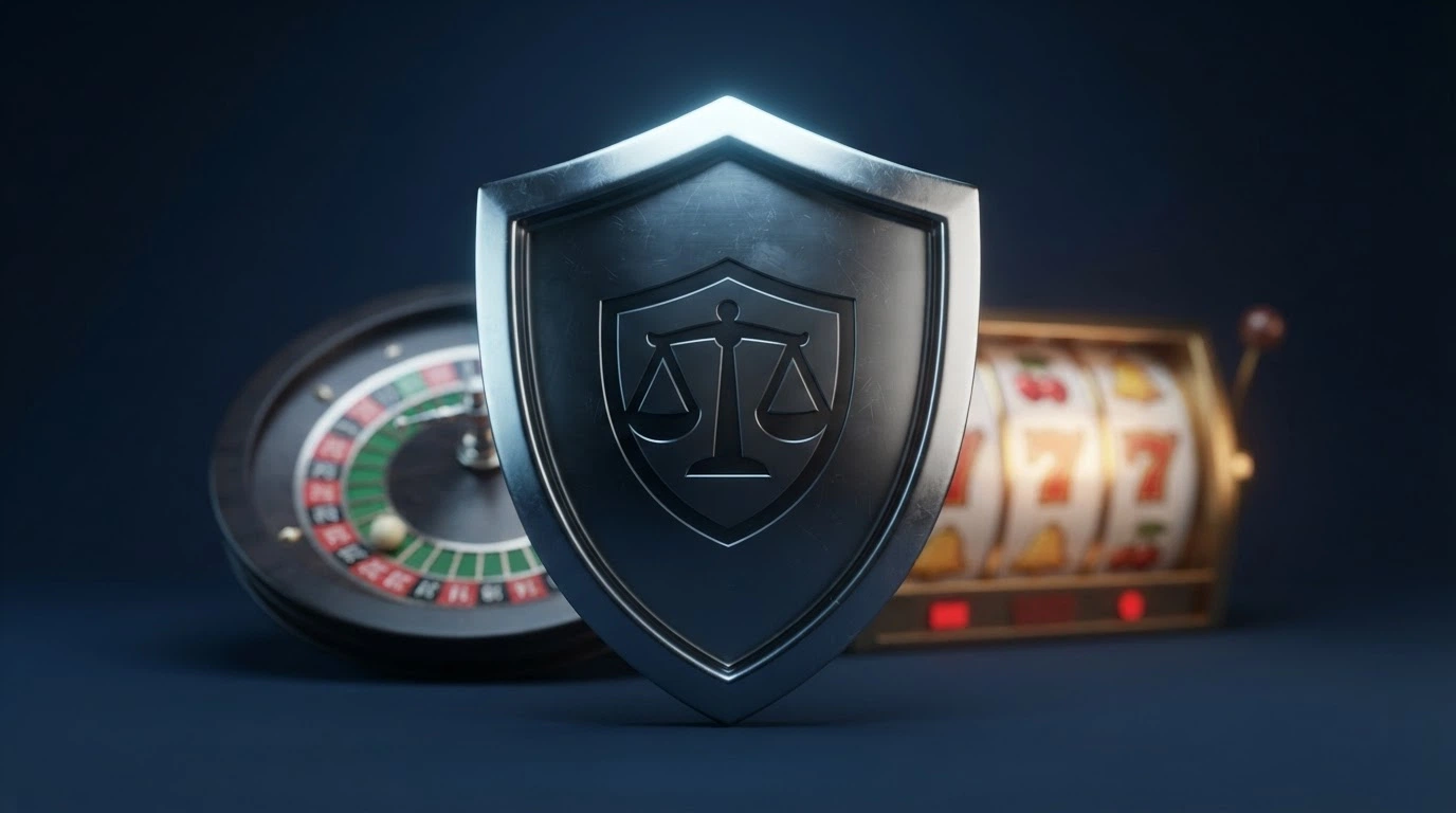 Le logo de l'ANJ sur un fond bleu France, à côté d'un panneau rouge « casino en ligne interdit », un document officiel partiellement visible en arrière-plan