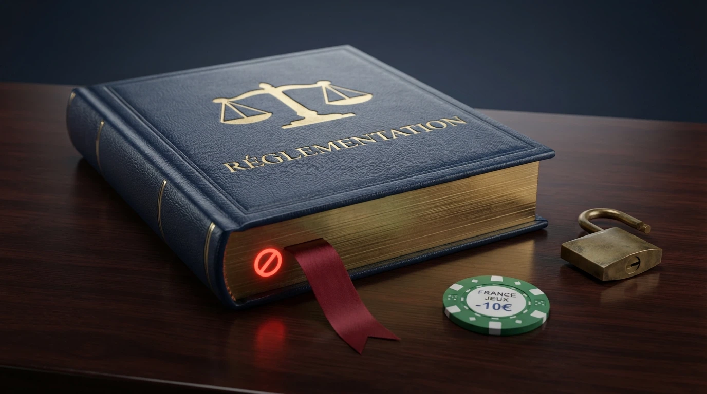 Le logo de l'Autorité nationale des jeux sur un fond de texte juridique français, à côté d'un écran barré d'un symbole d'interdiction