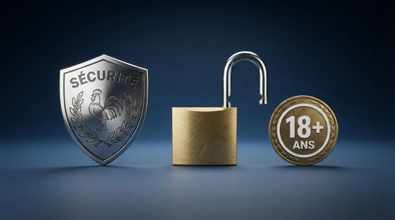 Le logo de l'ANJ (Autorité nationale des jeux) sur fond bleu, à côté d'un cadenas ouvert et d'un pictogramme « 18+ »