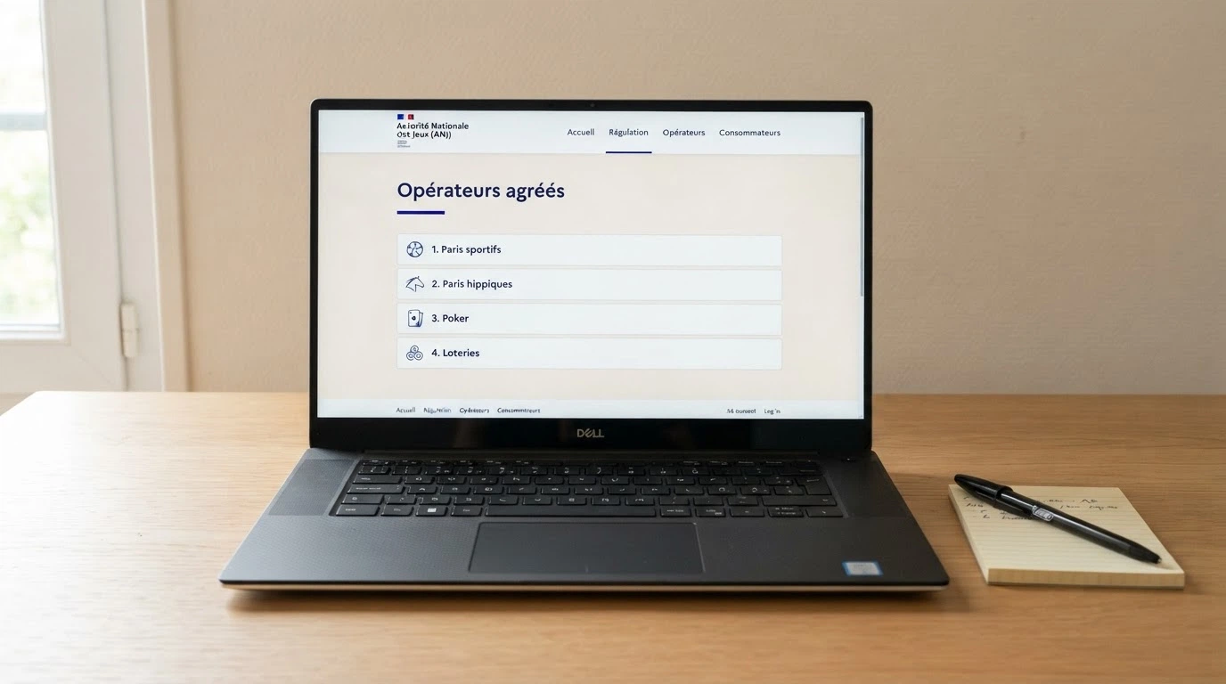 Capture d'écran du site anj.fr montrant la page des opérateurs agréés et la liste des jeux autorisés en France