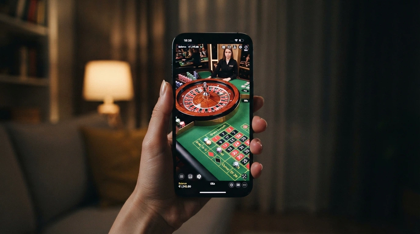 Une main tenant un iPhone avec l'écran partagé entre une app native de poker (interface ANJ) et un site mobile de machines à sous sur Safari
