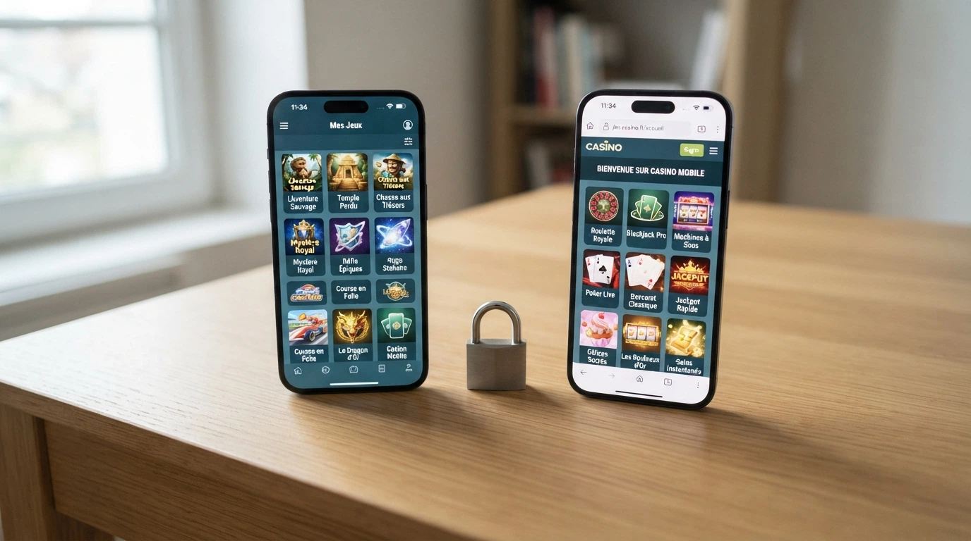 Deux smartphones Android côte à côte : l'un affiche une app casino, l'autre le même casino dans Chrome mobile