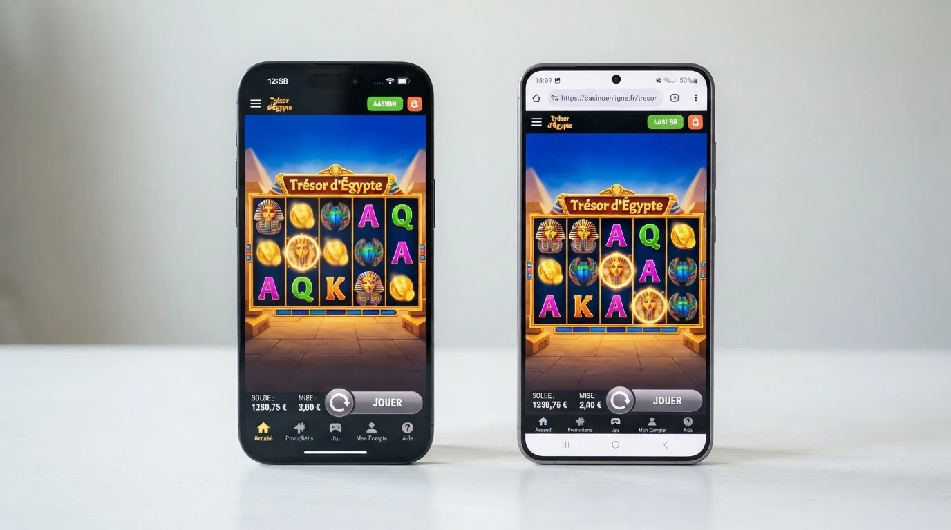 Deux smartphones côte à côte, l'un affichant une application native de casino avec interface tactile dédiée, l'autre montrant le même casino dans un navigateur mobile responsive