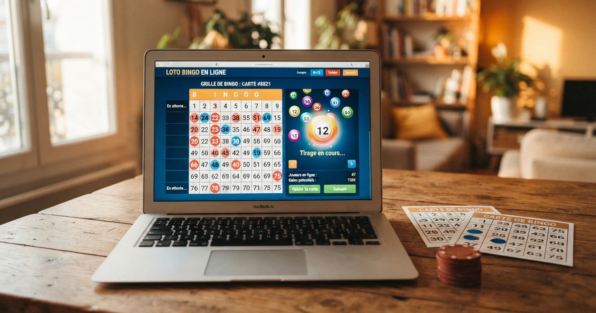 Capture d'écran d'une grille de bingo en ligne affichée sur un écran d'ordinateur, cartons et numéros visibles