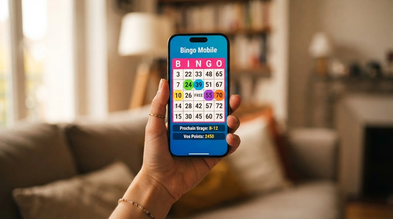 Un smartphone affichant une partie de bingo en ligne dans le navigateur mobile, tenu en main