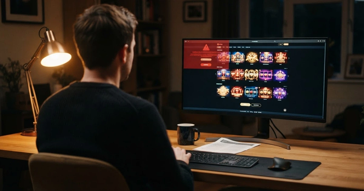 Page d'accueil du site Black Label Casino affichée sur un écran d'ordinateur, avec un bandeau visuel signalant l'absence d'agrément ANJ