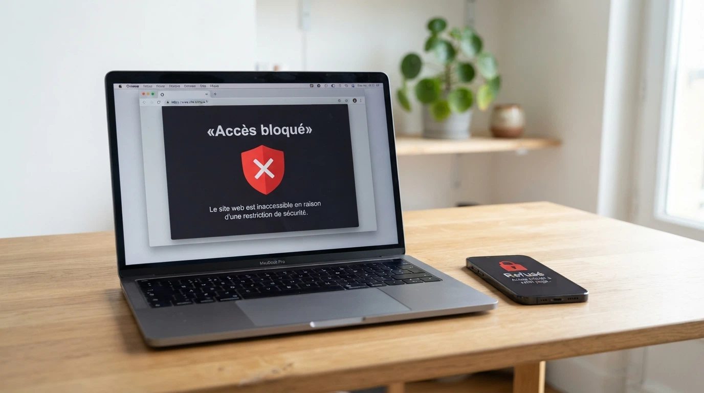 Un écran d'ordinateur affichant la page d'accueil de l'ANJ avec la liste des sites bloqués, et un téléphone portable à côté montrant un casino inaccessible
