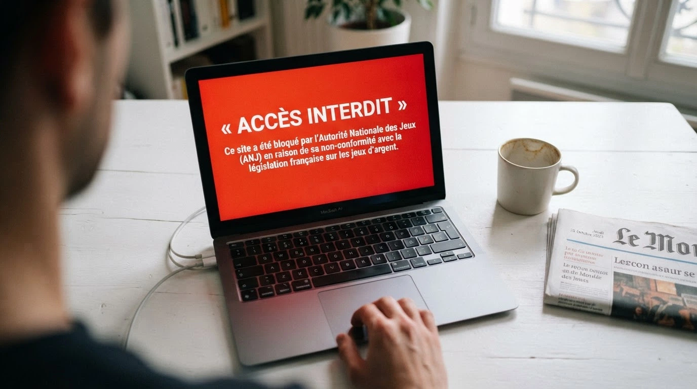 Une page web affichant le bandeau rouge « Accès interdit — site bloqué sur décision de l'ANJ » avec le logo de l'Autorité nationale des jeux