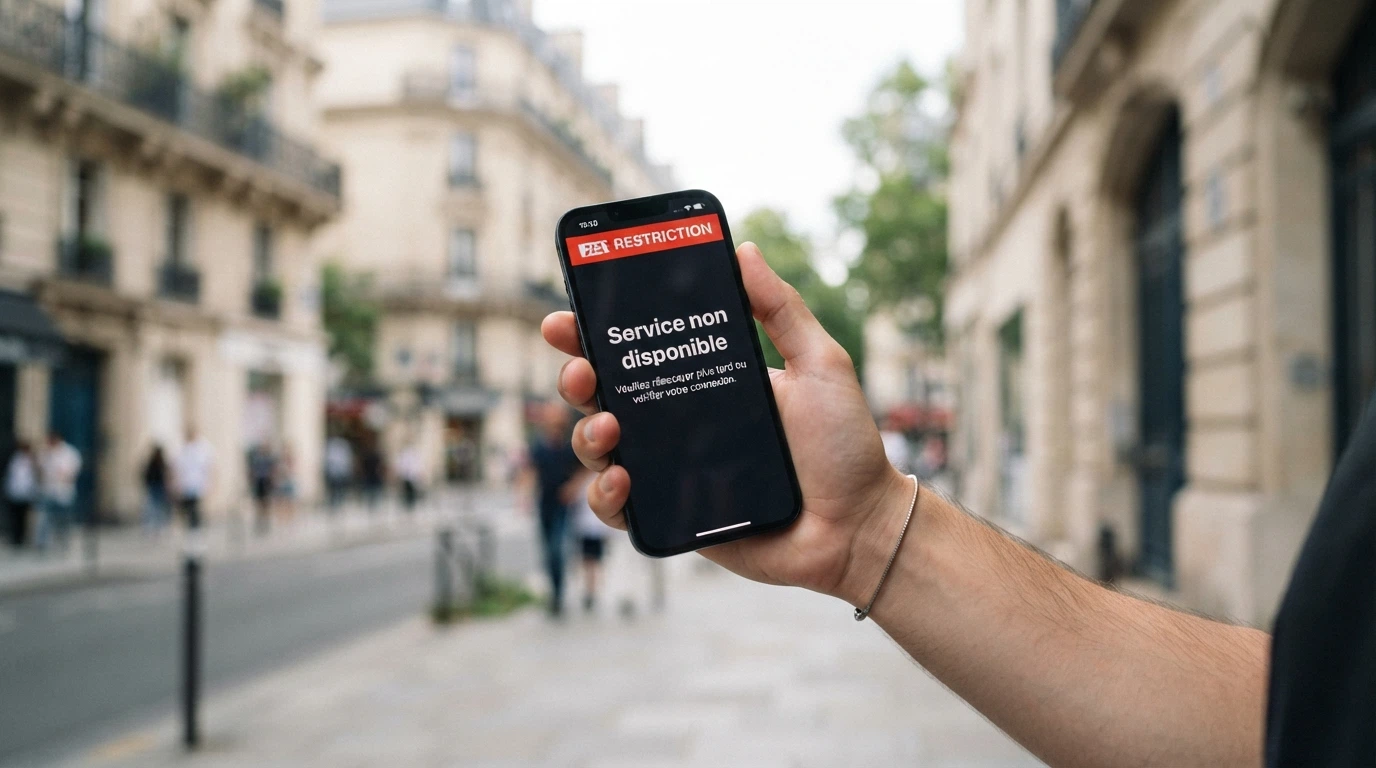 Un message de restriction géographique sur l'écran d'un casino en ligne, indiquant que le site n'est pas disponible depuis la France