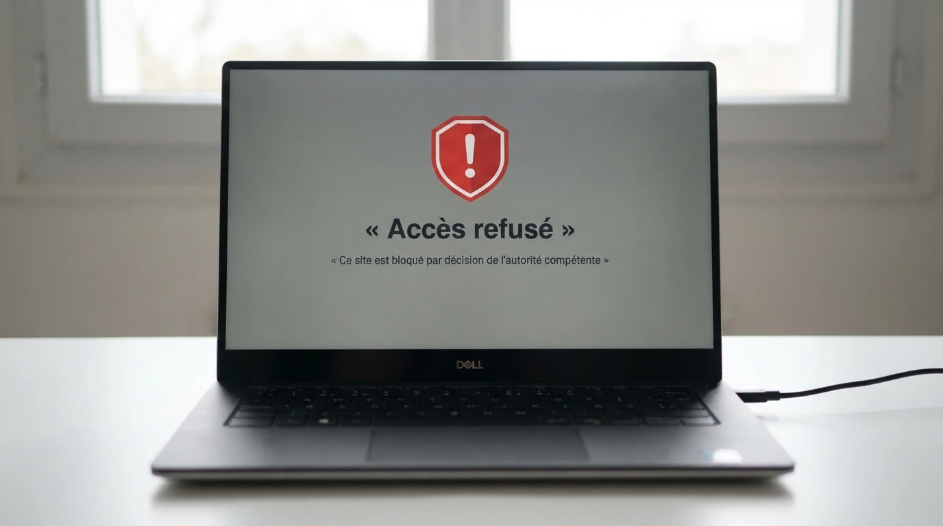 Page web affichant un message de blocage officiel de l'ANJ sur un site de jeux