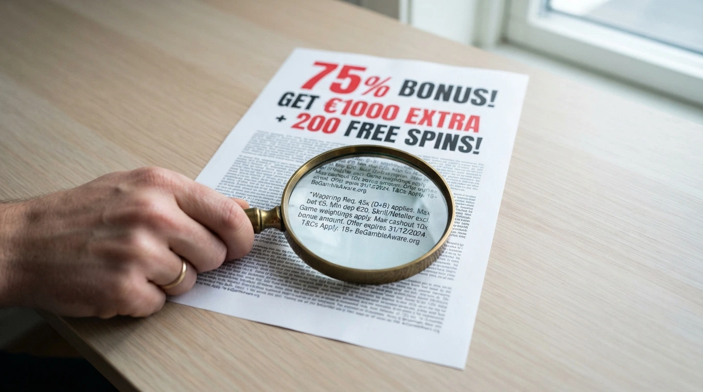 Un bonus de bienvenue affiché en gros caractères, une loupe révélant les petites lignes des conditions de mise en dessous