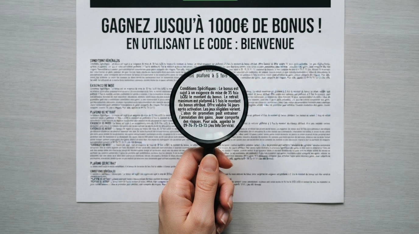 Une main tenant une loupe au-dessus d'une offre de bonus de casino, les petits caractères du wager et du plafond de retrait agrandis et soulignés.