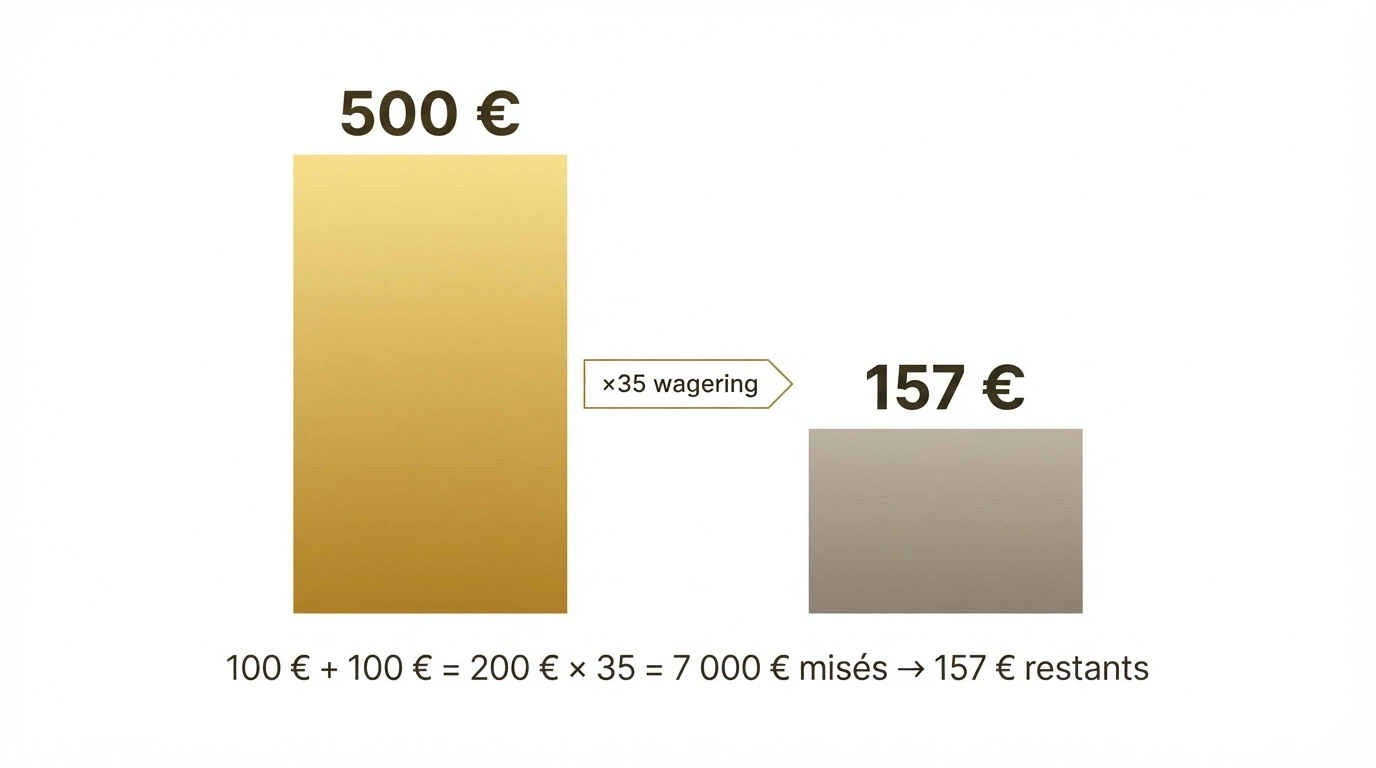 Infographie comparant un bonus affiché de 500 € et le montant réellement retirable après application du wagering ×35