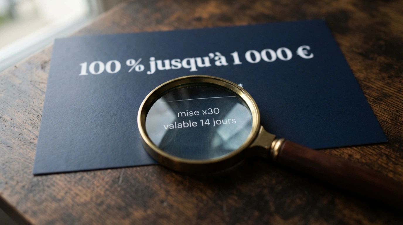 Un gros plan sur une offre de bonus affichant « 100 % jusqu'à 1 000 € », avec une loupe révélant en petits caractères la condition de mise et la validité
