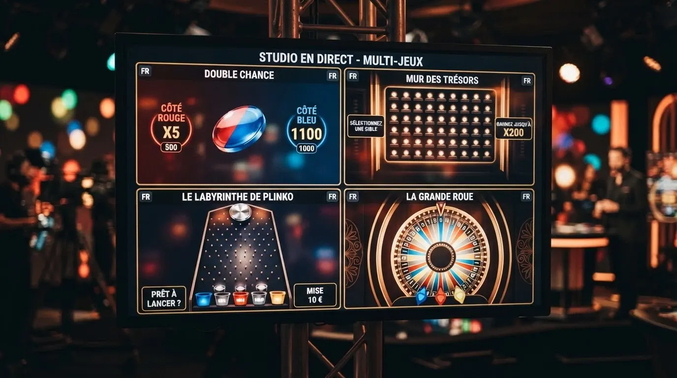 Les quatre plateaux bonus de Crazy Time : Coin Flip, Cash Hunt, Pachinko et la roue bonus géante Crazy Time