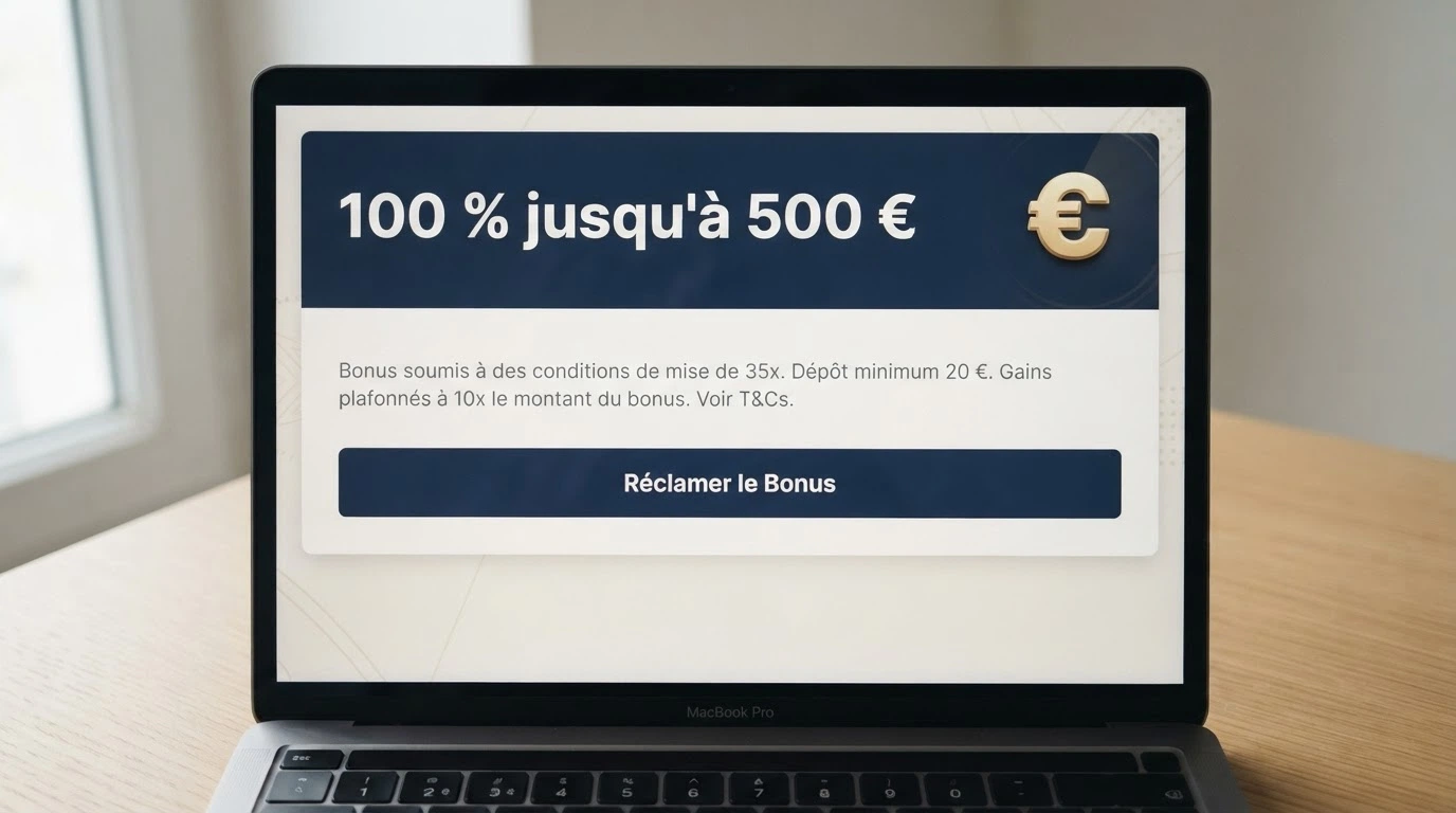 Une interface de casino affichant une offre de bonus « 100 % jusqu'à 500 € » avec les conditions de mise en petits caractères en dessous