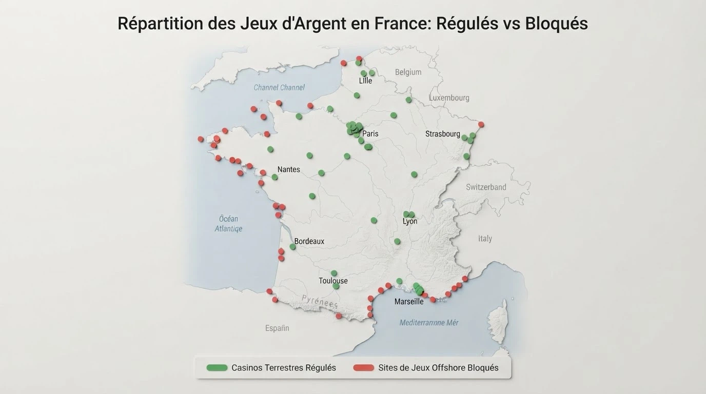 Une carte de France avec des marqueurs rouges et verts : les casinos terrestres en vert, les sites offshore bloqués en rouge.