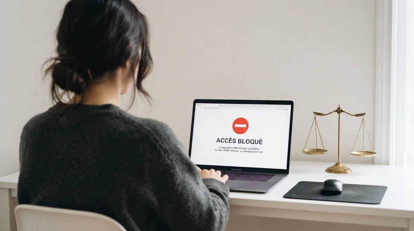 Documents officiels français avec le logo de l'ANJ, une balance de justice et des icônes de blocage web, sur fond de carte de France.