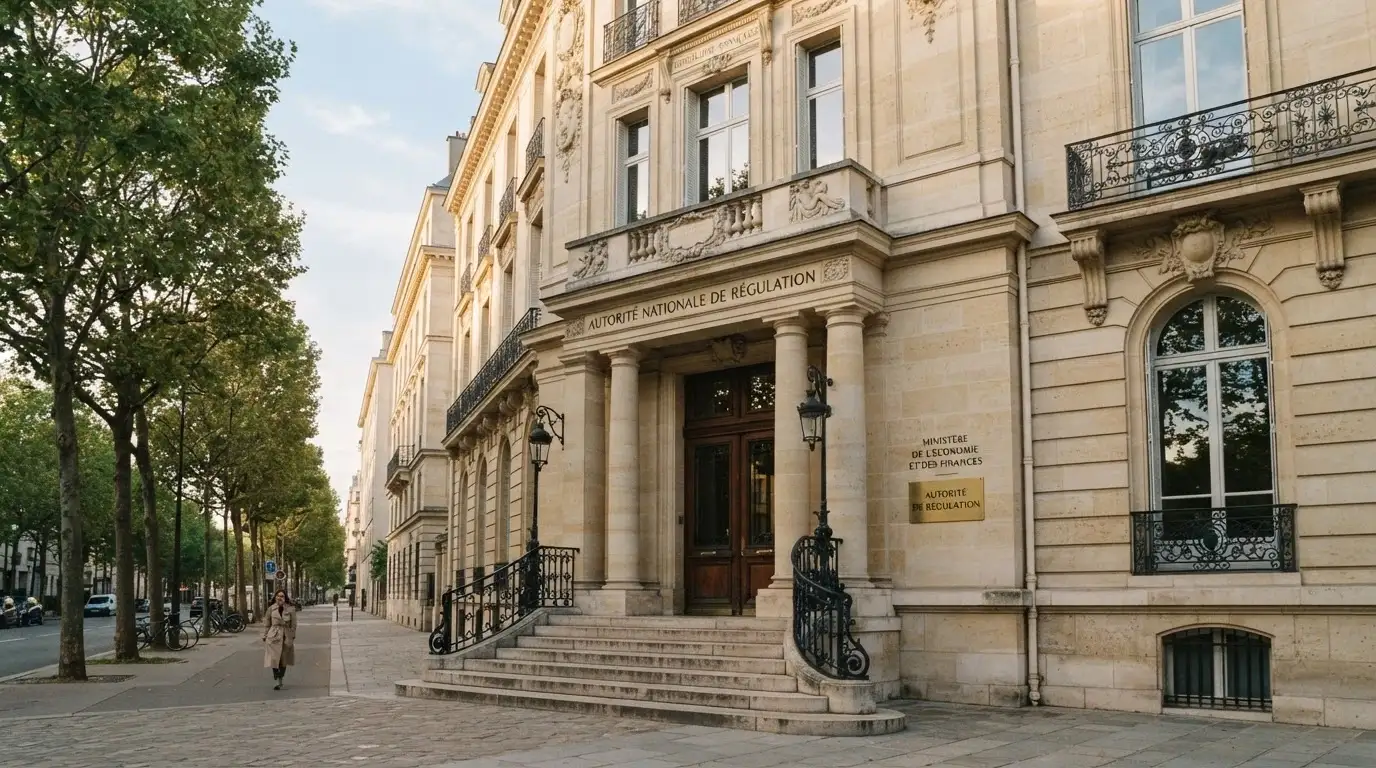 La façade du siège de l'Autorité nationale des jeux à Paris, avec le logo de l'ANJ visible.