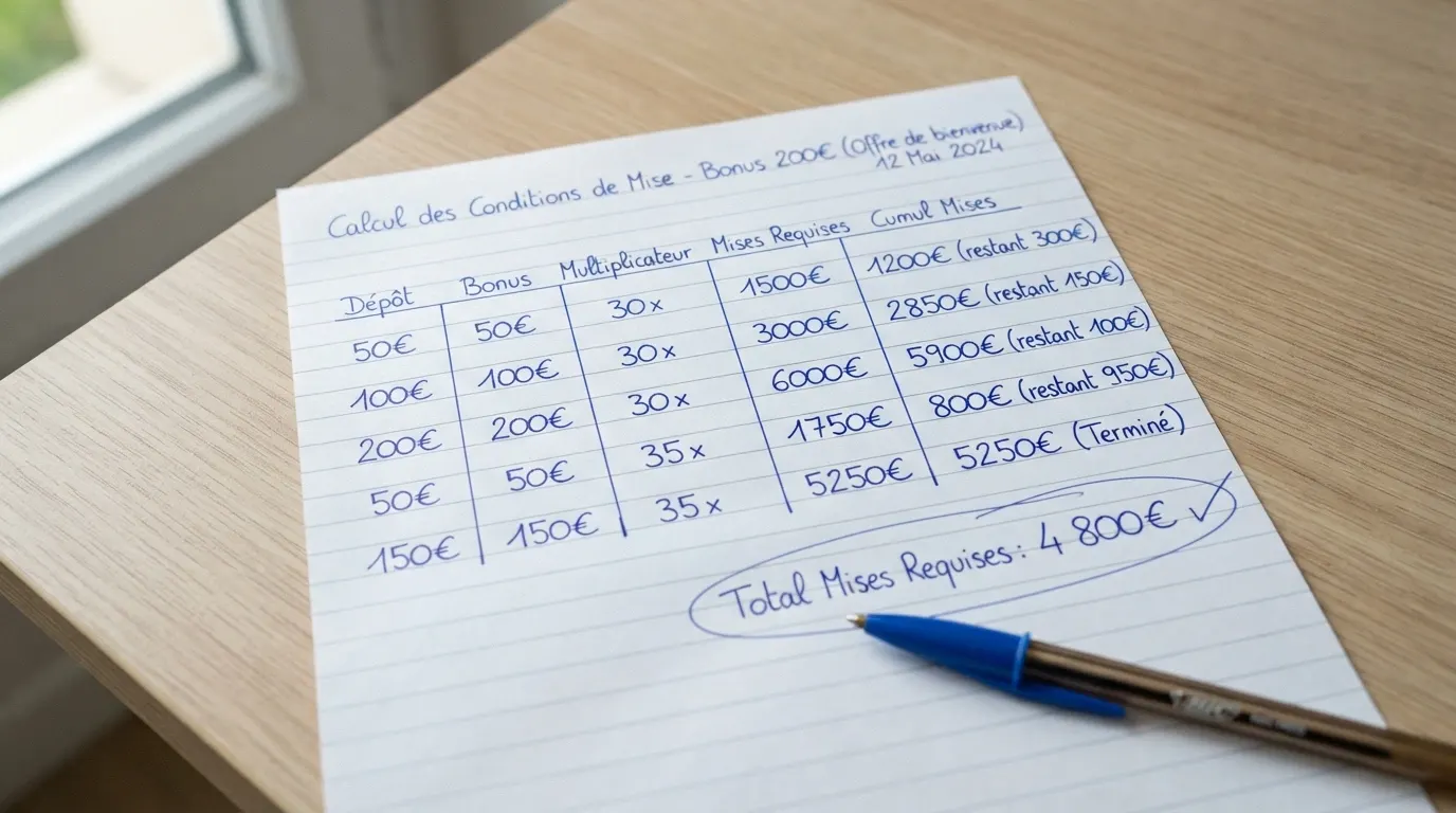 Une feuille de calcul manuscrite détaillant un exemple de wagering : dépôt, bonus, multiplicateur et total des mises requis