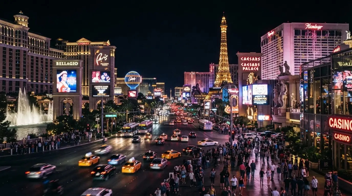 Une vue nocturne d'une avenue emblématique bordée de casinos aux enseignes lumineuses, avec une foule cosmopolite sur les trottoirs
