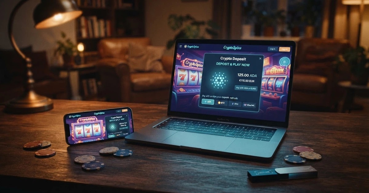 Plateforme de casino en ligne affichant l'option de dépôt en cryptomonnaie Cardano ADA, écran d'ordinateur et smartphone côte à côte