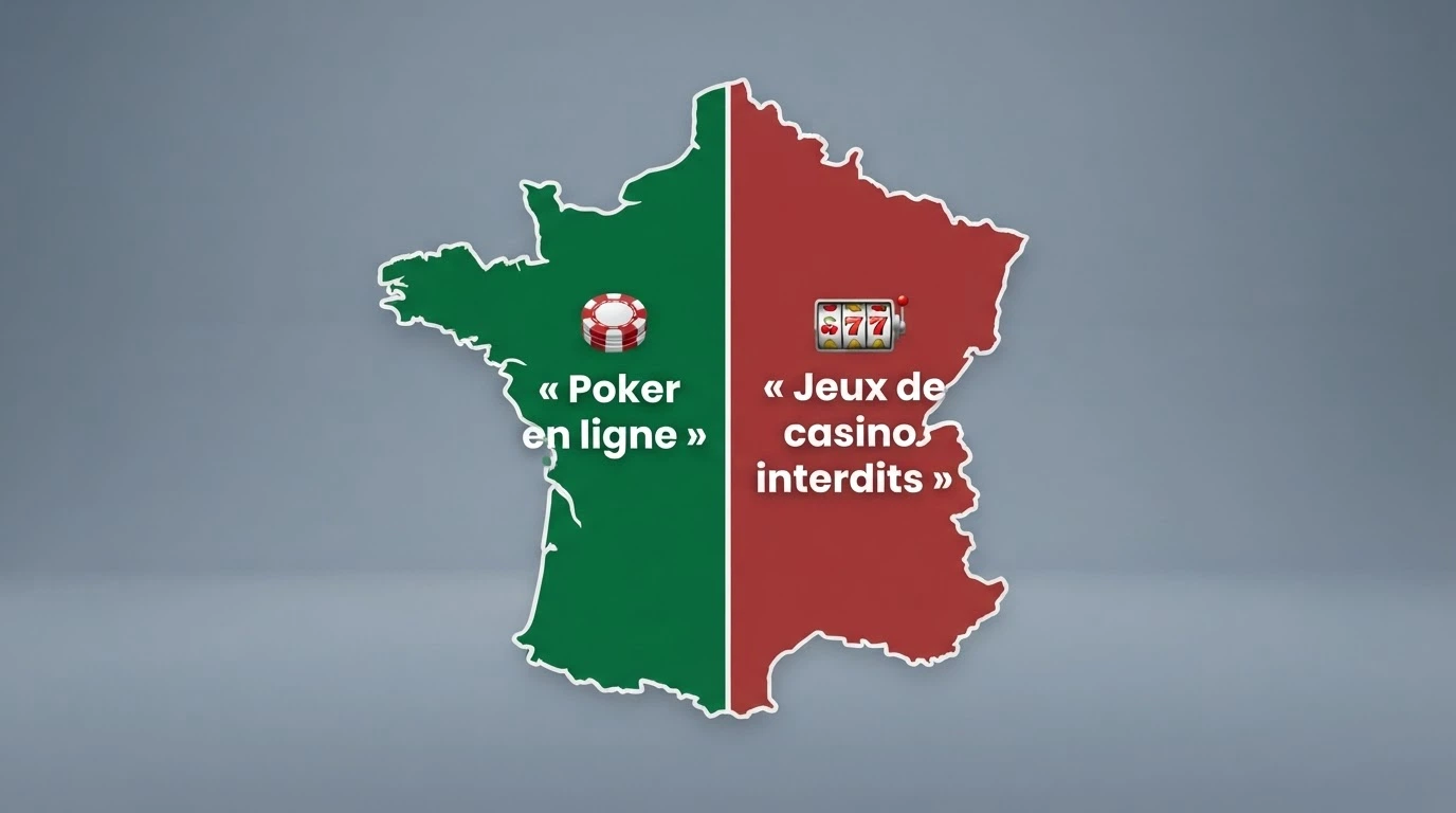 Une carte de France schématique divisée en deux zones : d'un côté le poker en ligne légal (opérateurs agréés ANJ), de l'autre les jeux de casino interdits en ligne (machines à sous, blackjack, roulette)