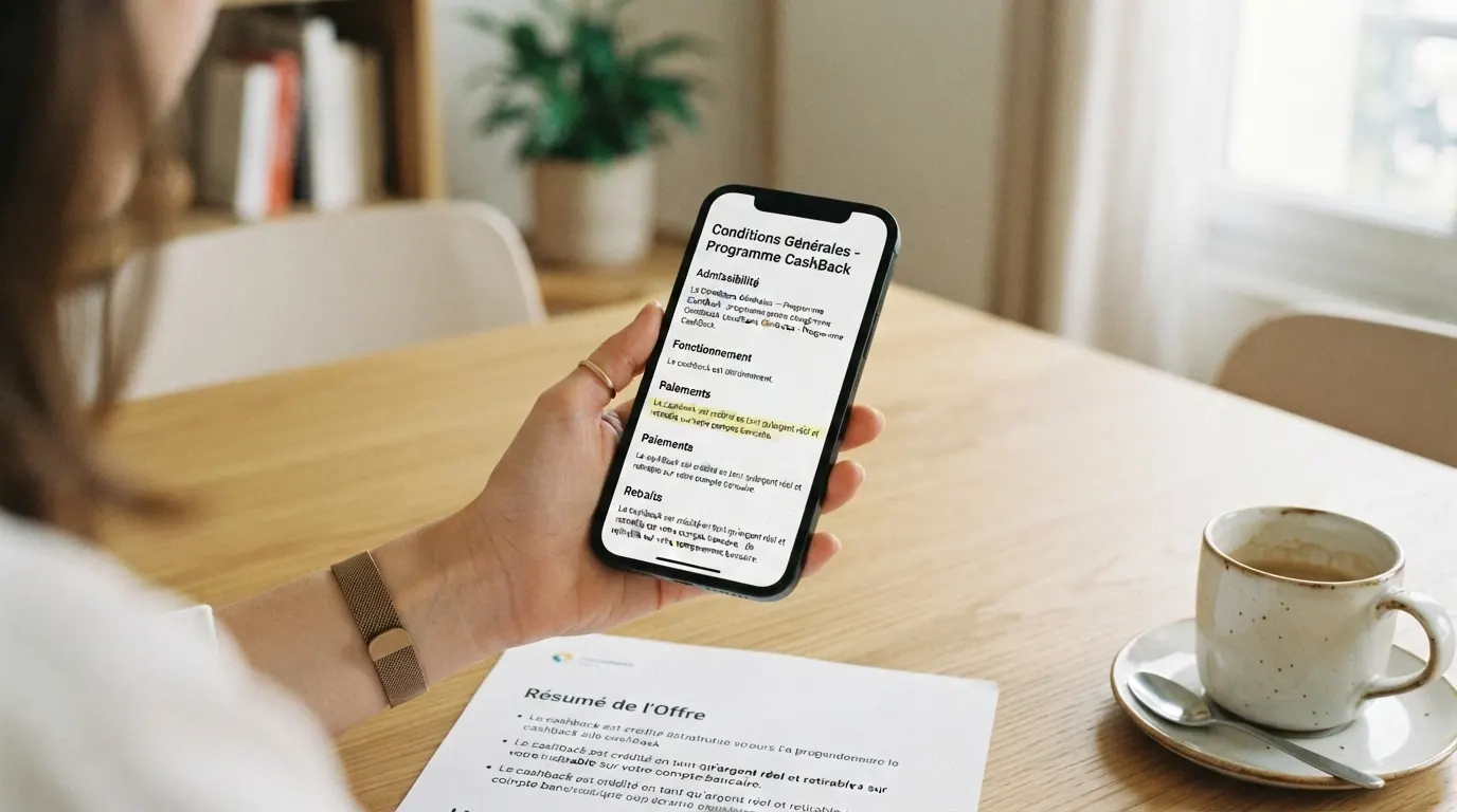 Un joueur consultant les conditions générales d'une offre cashback sur l'écran de son smartphone, le doigt pointé sur la ligne « sans condition de mise »