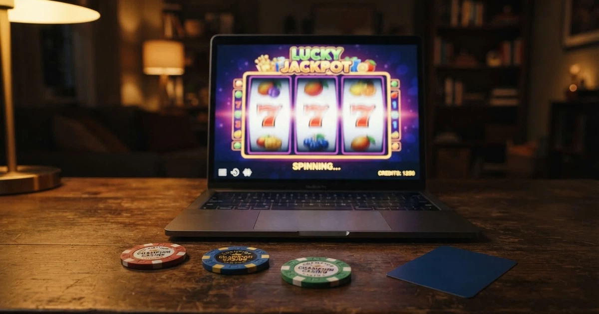 Un bandeau promotionnel affichant « Bonus 300 % » sur l'écran d'un casino en ligne, avec des jetons de poker et une carte de paiement posés à côté d'un ordinateur portable