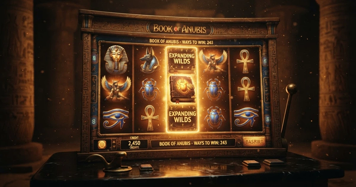 Interface de la machine à sous Book of Dead avec Rich Wilde, les rouleaux 5×3 et les symboles égyptiens sur fond de temple